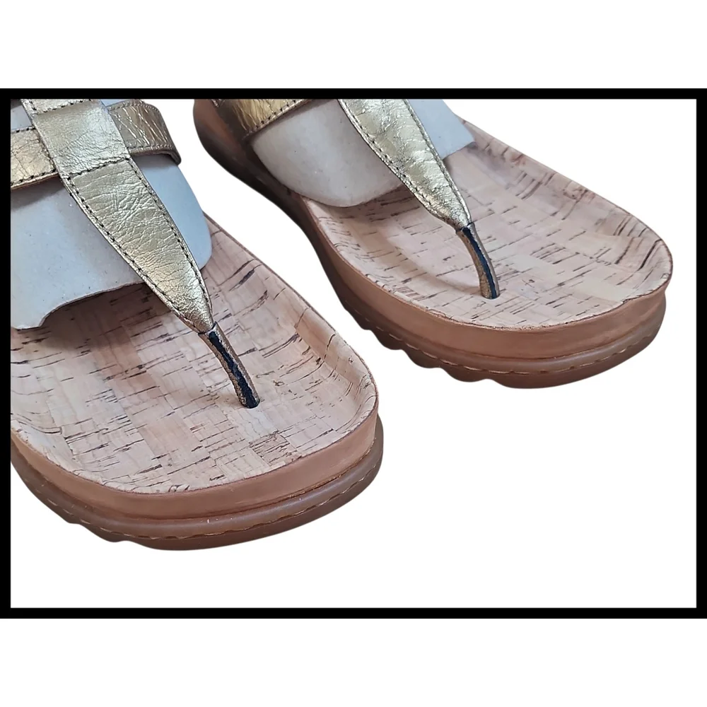 BORN Reta Leather Comfort T-strap Thong Sandals Double Buckle Gold Foil 8 - Picture 4 of 13